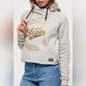 Superdry Women's Light Gray Hoodie with Gold Logo - Size 6